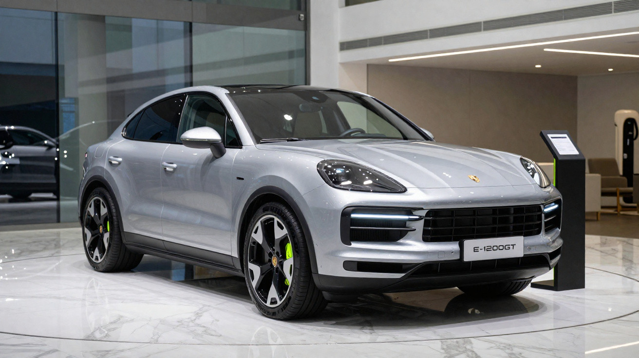 Silver Porsche E-1200GT electric SUV displayed indoors on polished marble floor with modern interior background.