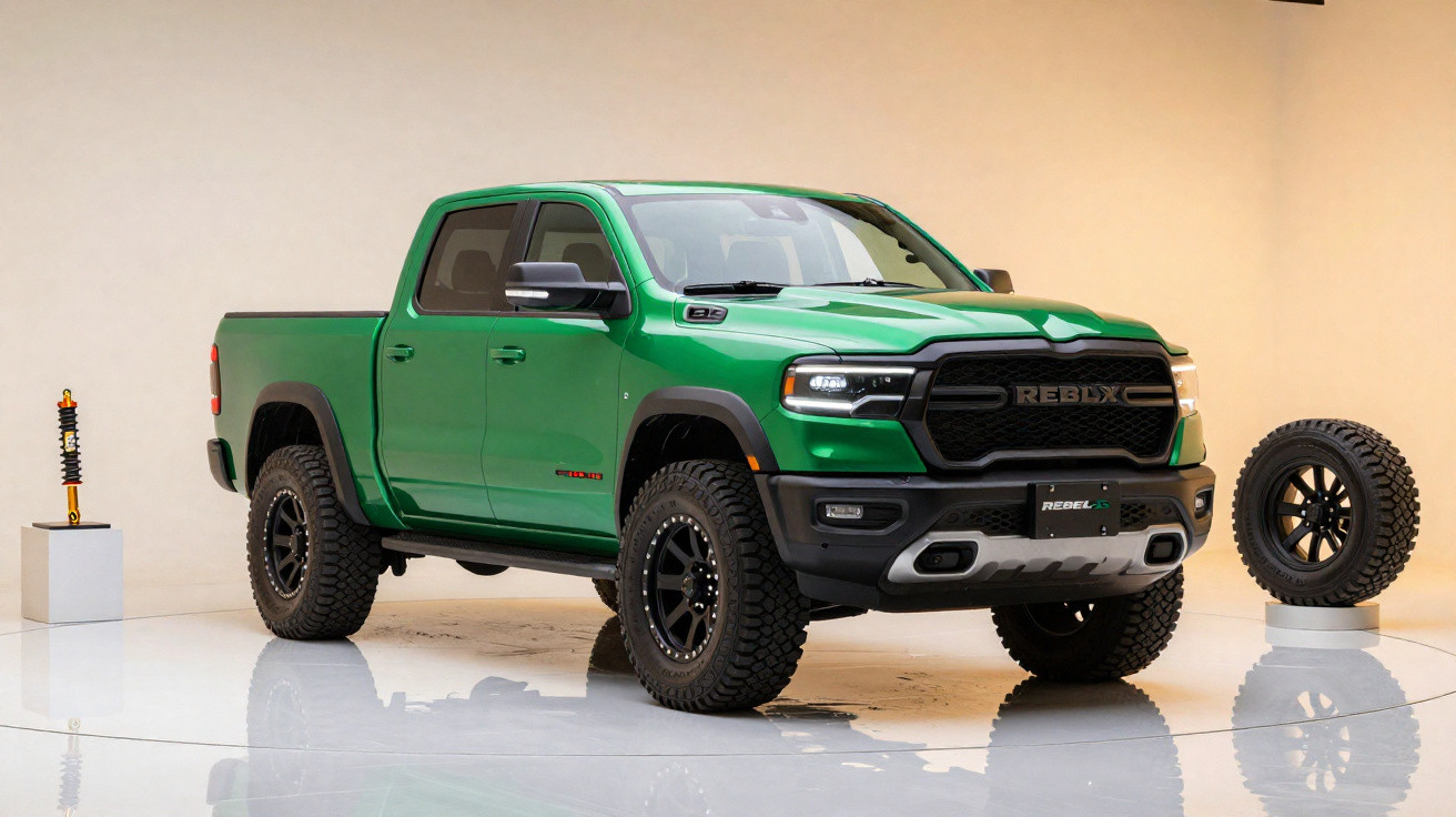 Green off-road pickup truck displayed indoors with a spare tyre and suspension component on stands nearby.