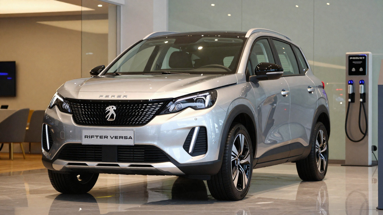 Silver Peugeot Rifter Versa SUV displayed in a showroom next to an electric vehicle charging station.