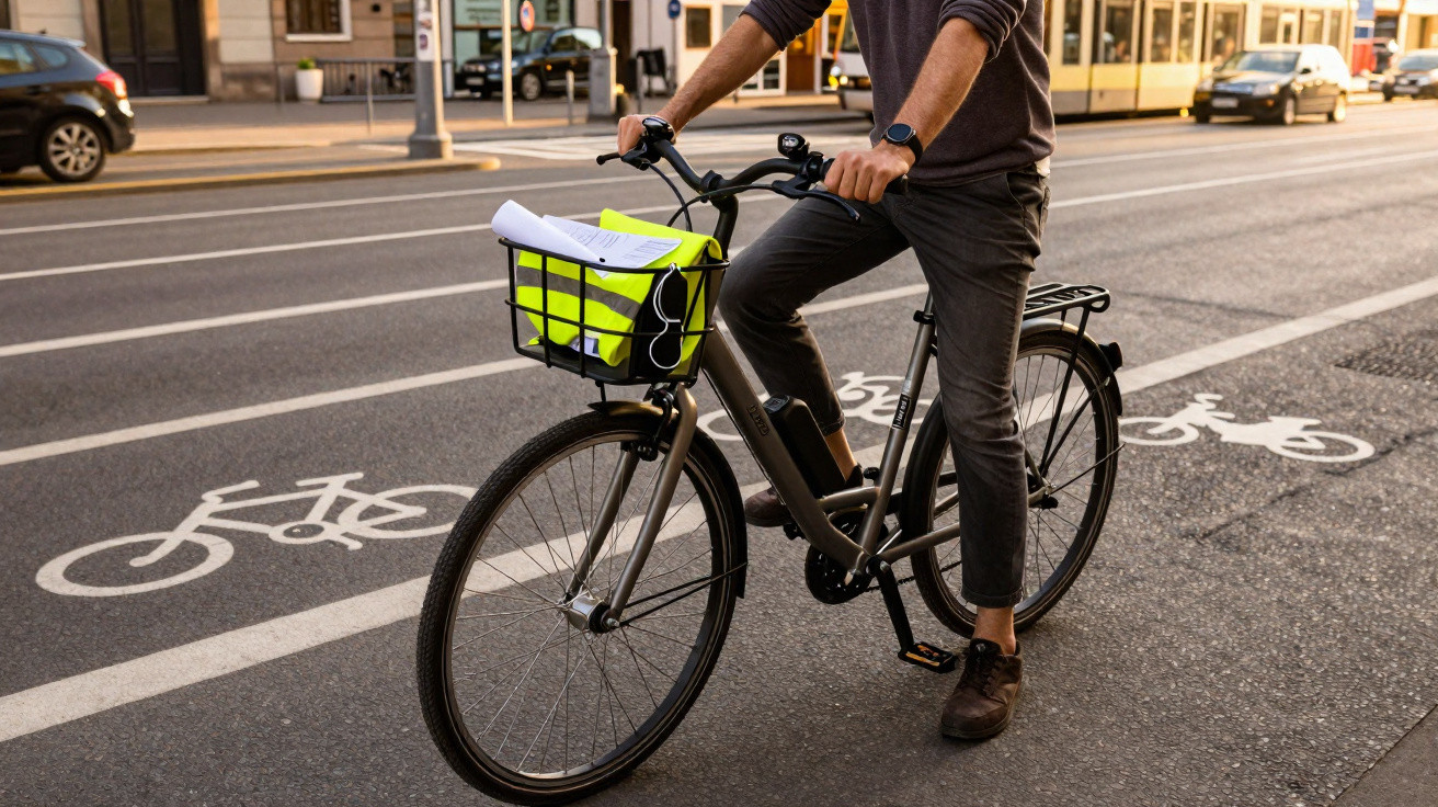 Person riding a bicycle in a city bike lane with a basket holding rolled papers and a high-visibility jacket.