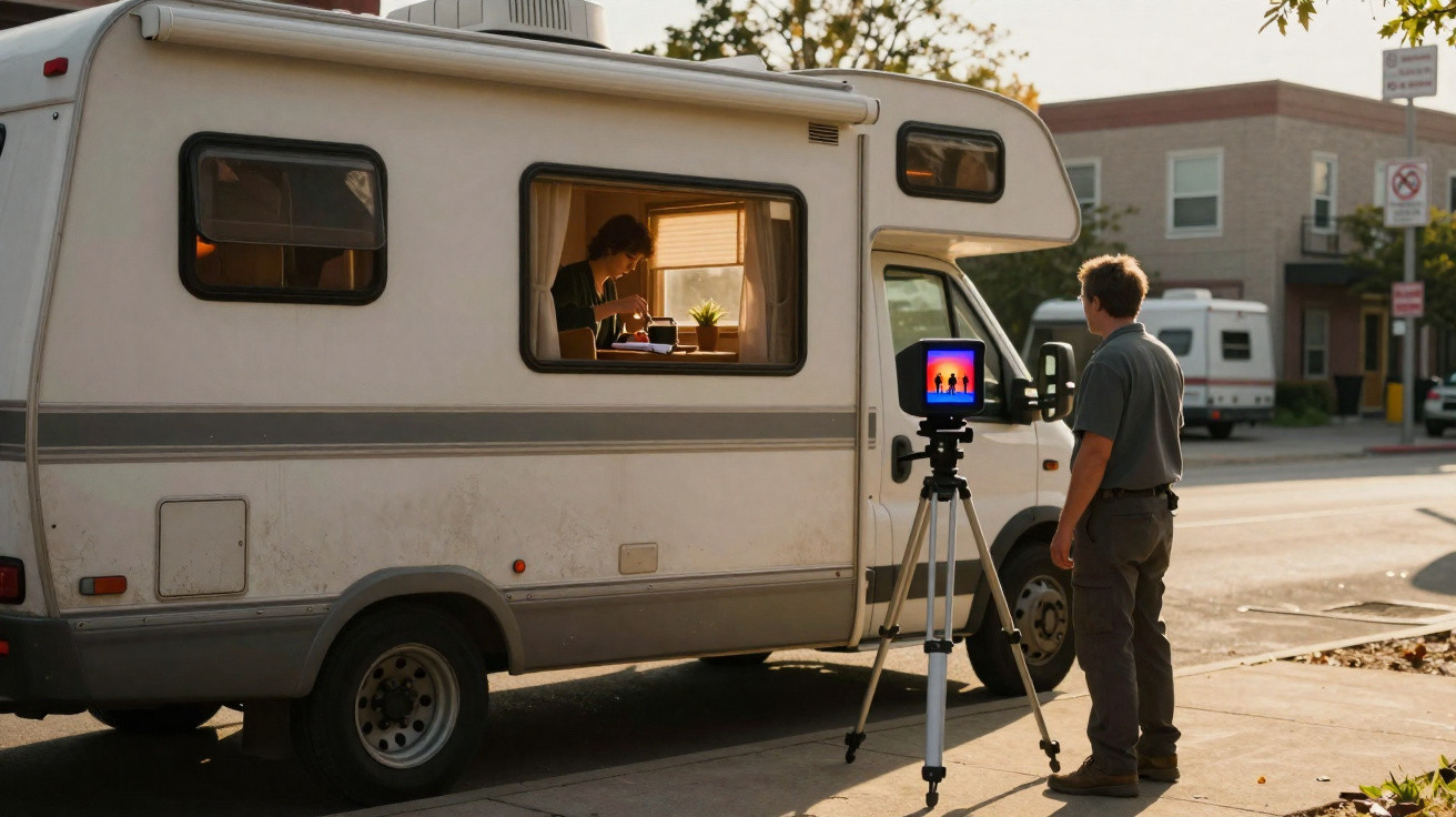Man filming woman eating inside white campervan parked on urban street during sunset.