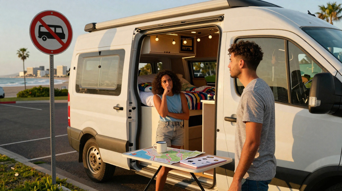 Two people beside a white camper van with a no camper vans parking sign near the beach at sunset.
