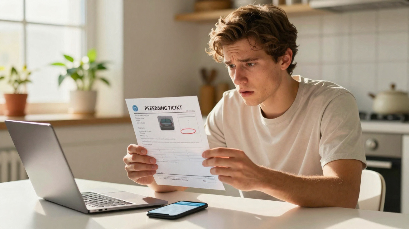 Young man looking worriedly at a speeding ticket in a bright kitchen with a laptop and phone nearby.
