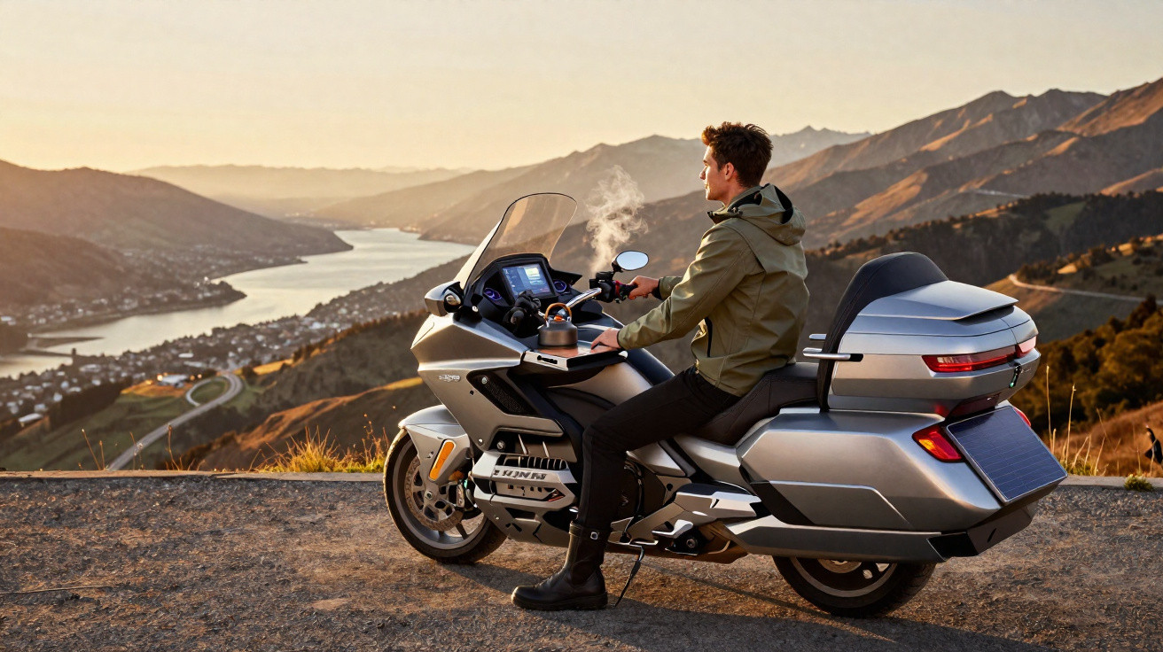 Man sitting on a silver touring motorcycle with a kettle steaming on the dashboard overlooking a scenic river valley at sunse