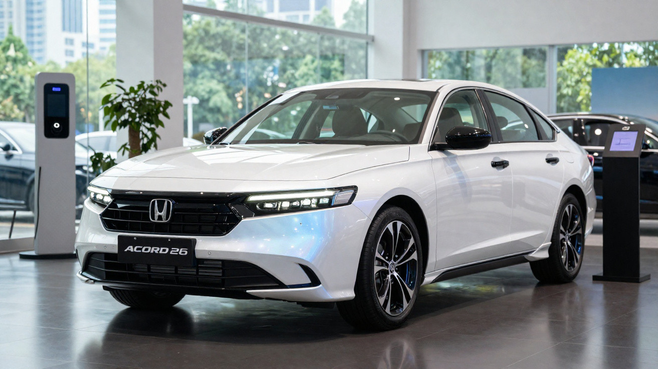 White Honda Accord 26 sedan parked indoors near a charging station with city buildings visible outside.