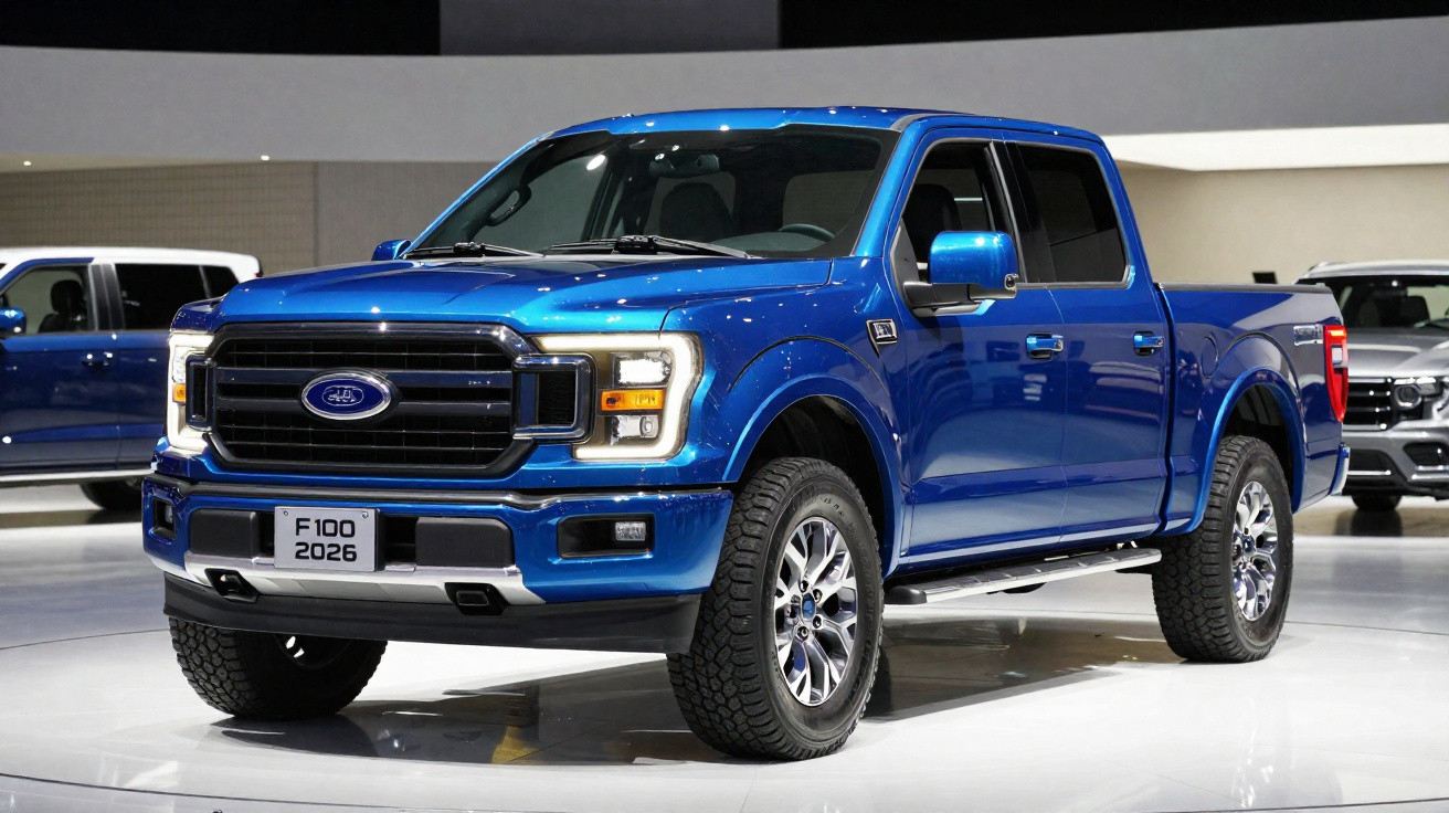 Blue 2026 Ford F-100 pickup truck showcased indoors with chrome wheels and off-road tires.