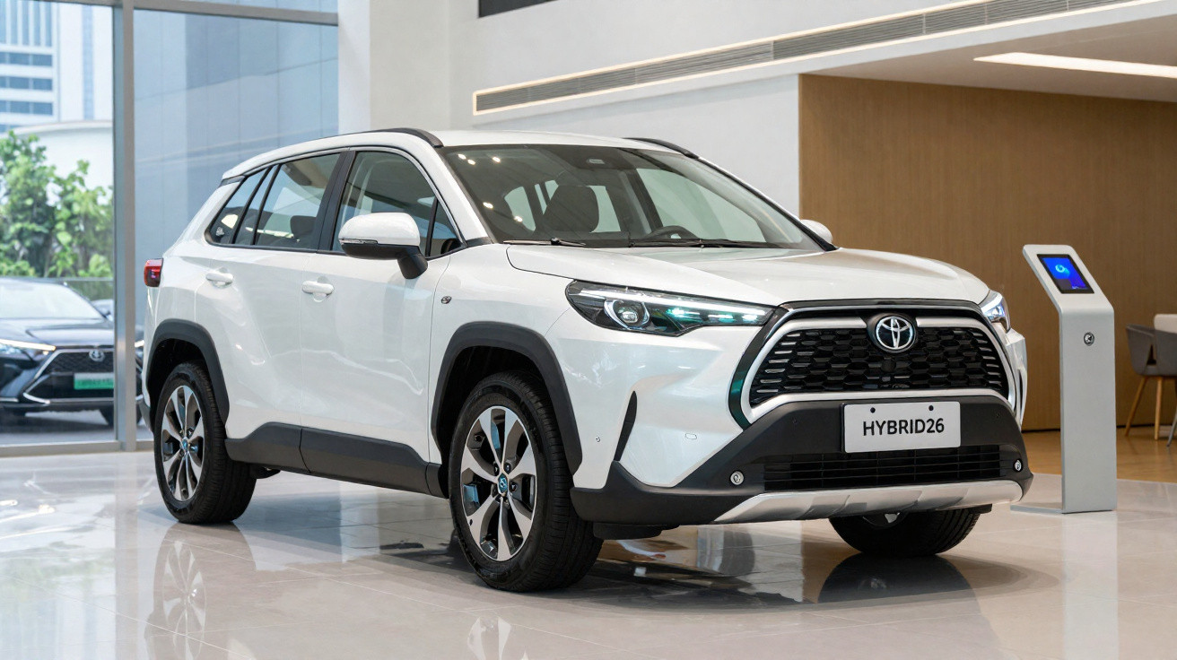 White Toyota Hybrid26 SUV displayed indoors with modern design and sleek headlights.