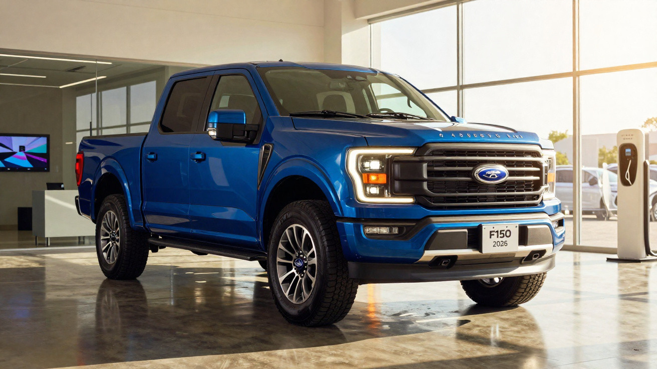 Blue 2026 Ford F150 pickup truck displayed indoors near a charging station with large windows.