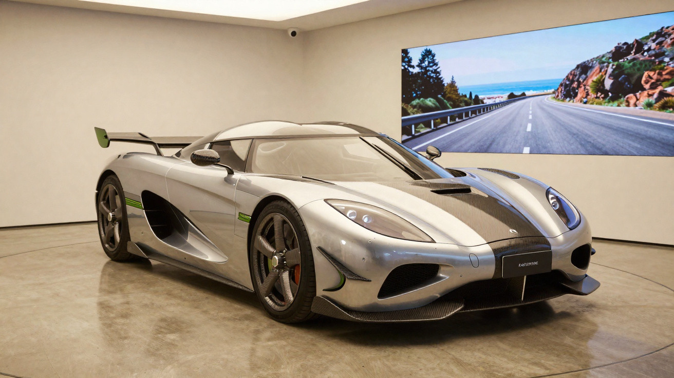 Sleek silver and black sports car displayed indoors with a scenic road image in the background.