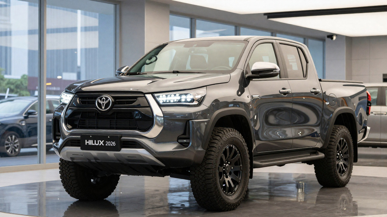 Grey 2026 Toyota Hilux pickup truck displayed indoors with large off-road tyres and modern headlights.
