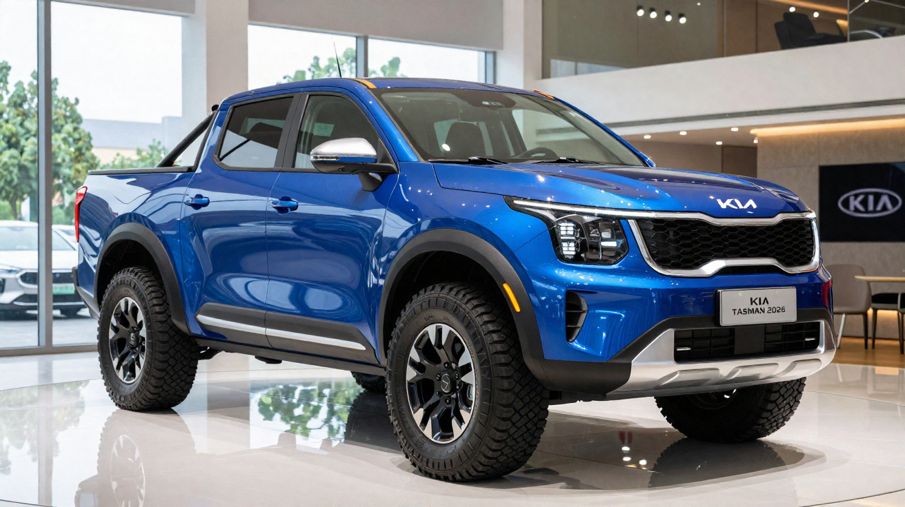 Blue Kia Tashman 2026 pickup truck displayed indoors with rugged tyres and sleek design.
