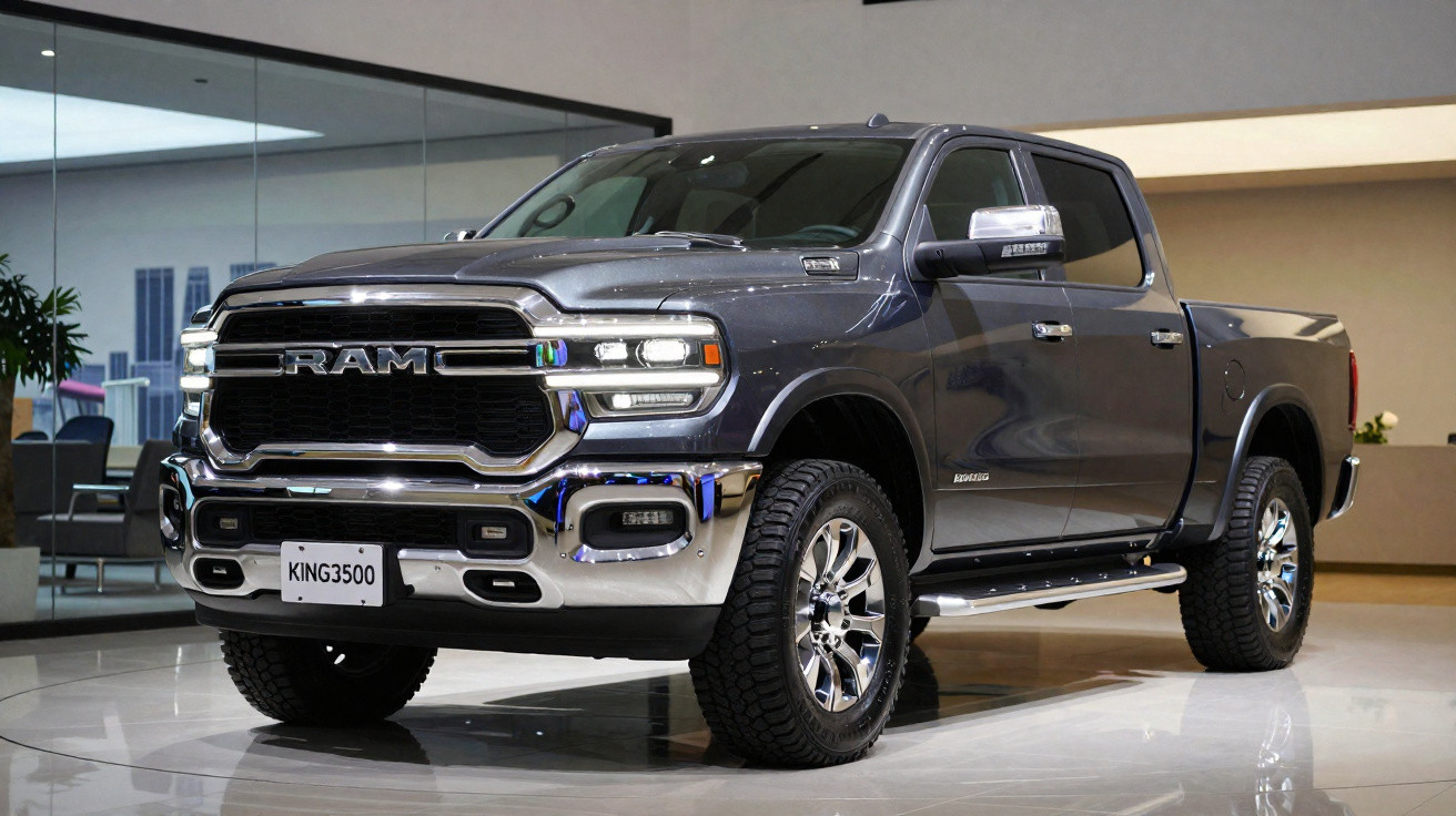 Grey RAM King 3500 pickup truck on display in a showroom with shiny chrome accents and large tyres.