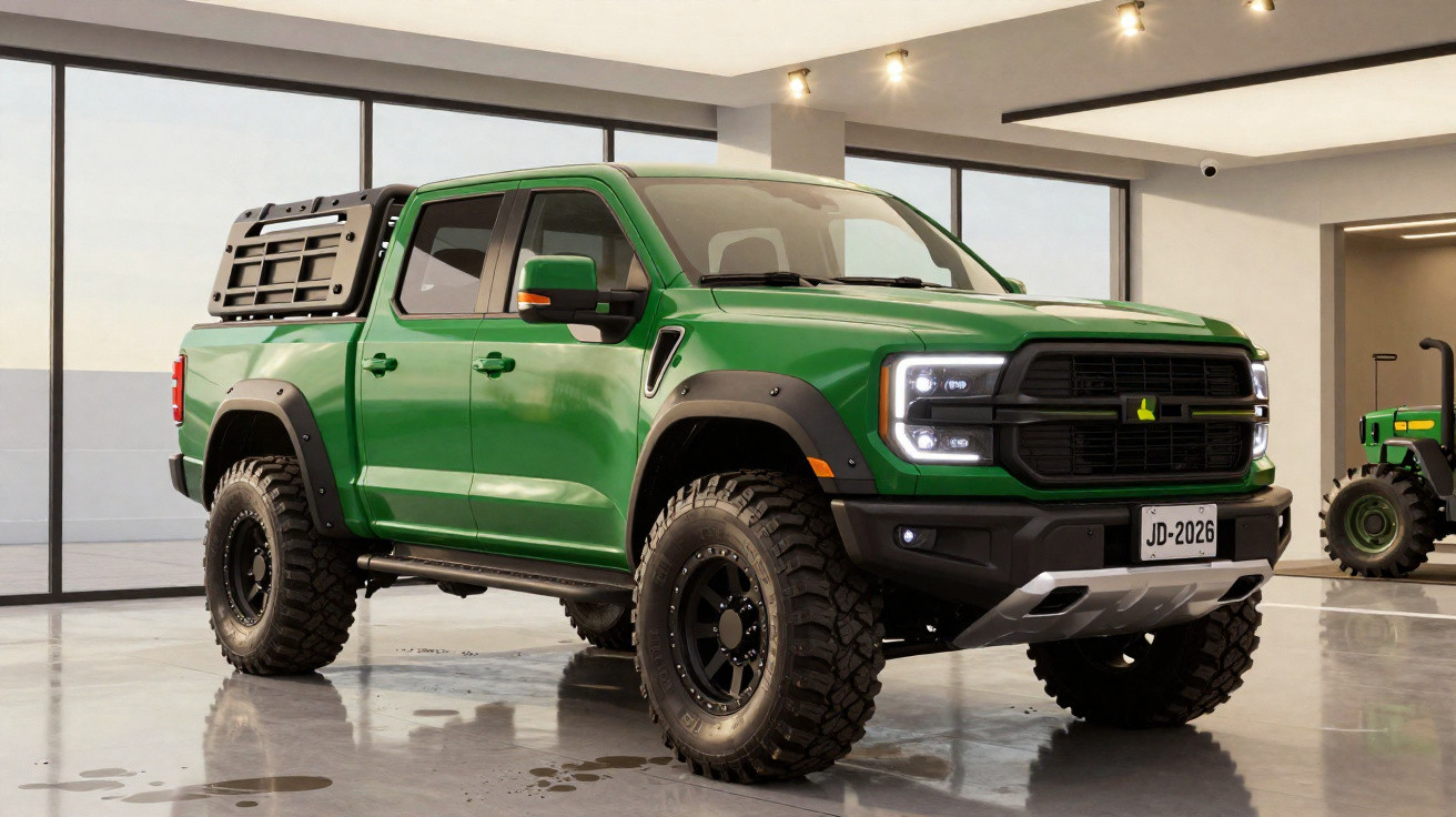 Green off-road pickup truck with rugged tyres and roof rack parked in modern showroom.