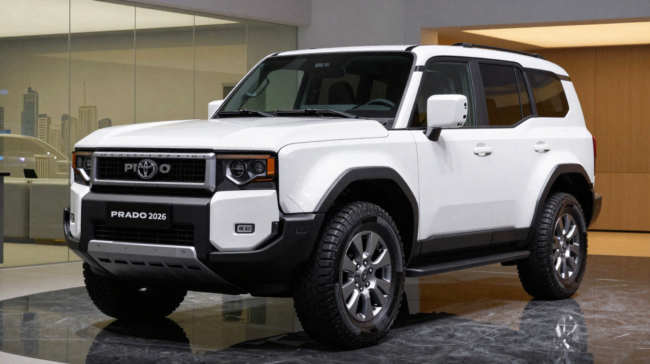 White 2026 Toyota Prado SUV displayed indoors with modern decor and reflective floor.
