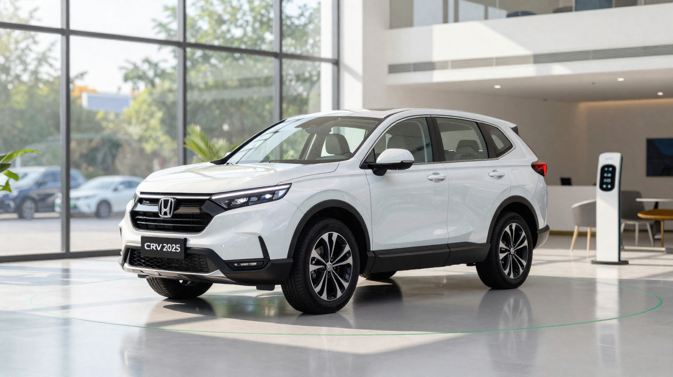 White 2025 Honda CR-V SUV displayed in a modern showroom with large windows and electric vehicle charger nearby.