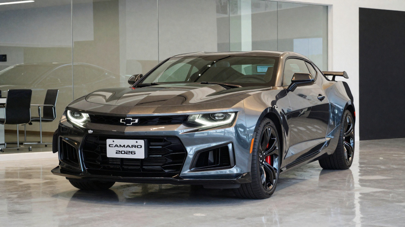 2026 grey Chevrolet Camaro sports car with black accents displayed in a modern showroom.