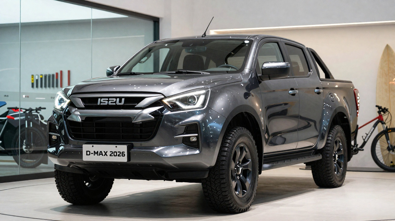 Grey 2026 Isuzu D-Max pickup truck displayed indoors with bicycles and surfboard in background.