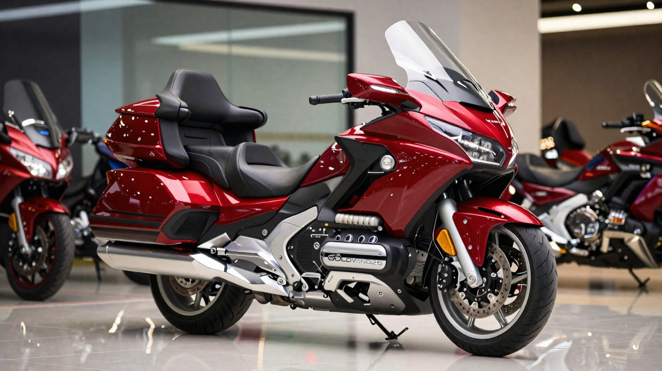 Shiny red touring motorcycle with comfortable seating and large windshield displayed in a showroom.