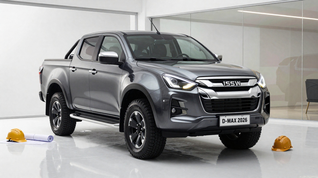 Grey double cab pickup truck with raised suspension in a modern indoor showroom with hard hats nearby