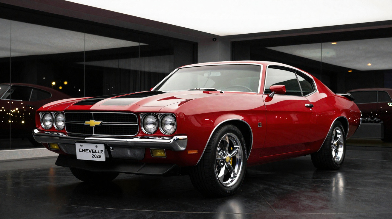 Red 1970 Chevrolet Chevelle with black racing stripes parked indoors with reflective floor and mirrored walls.