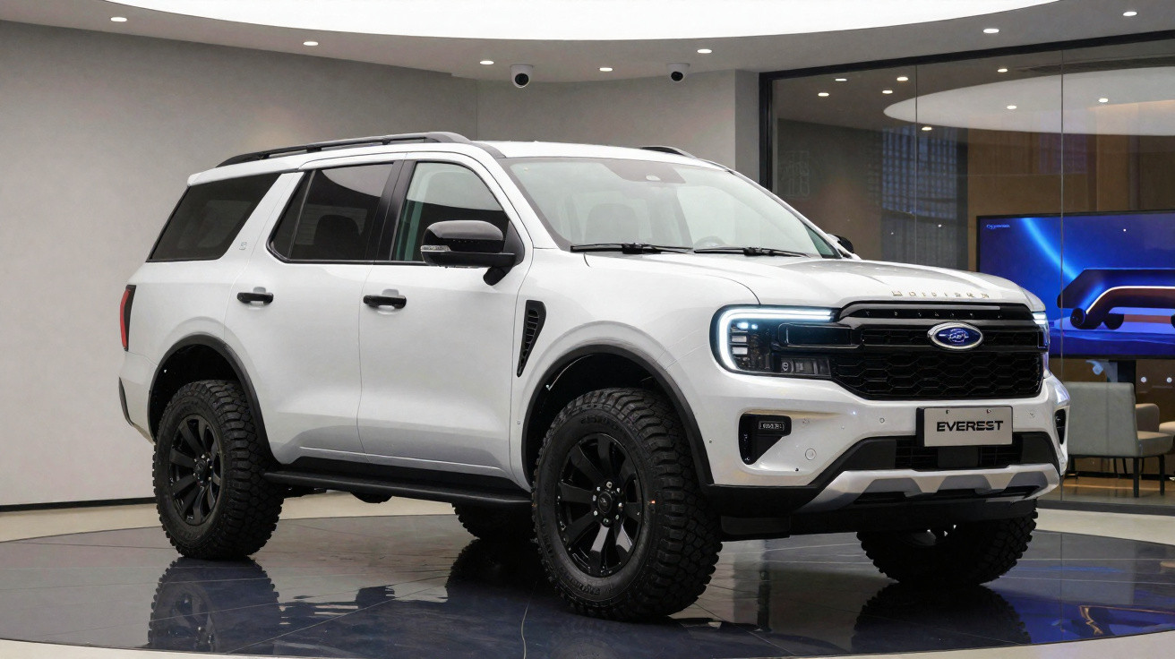 White Ford Everest SUV with black roof rails and off-road tyres displayed indoors on a glossy floor.