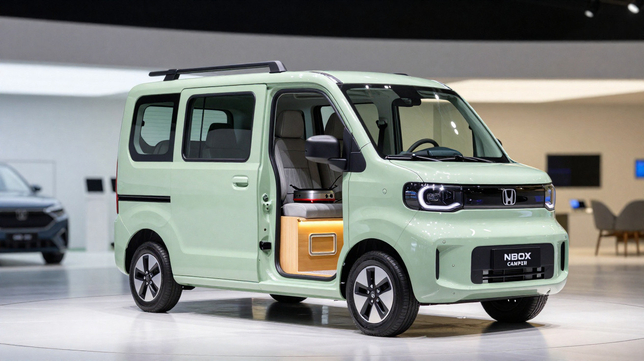 Light green Honda N-BOX camper van with open sliding door showing interior seating and storage unit.