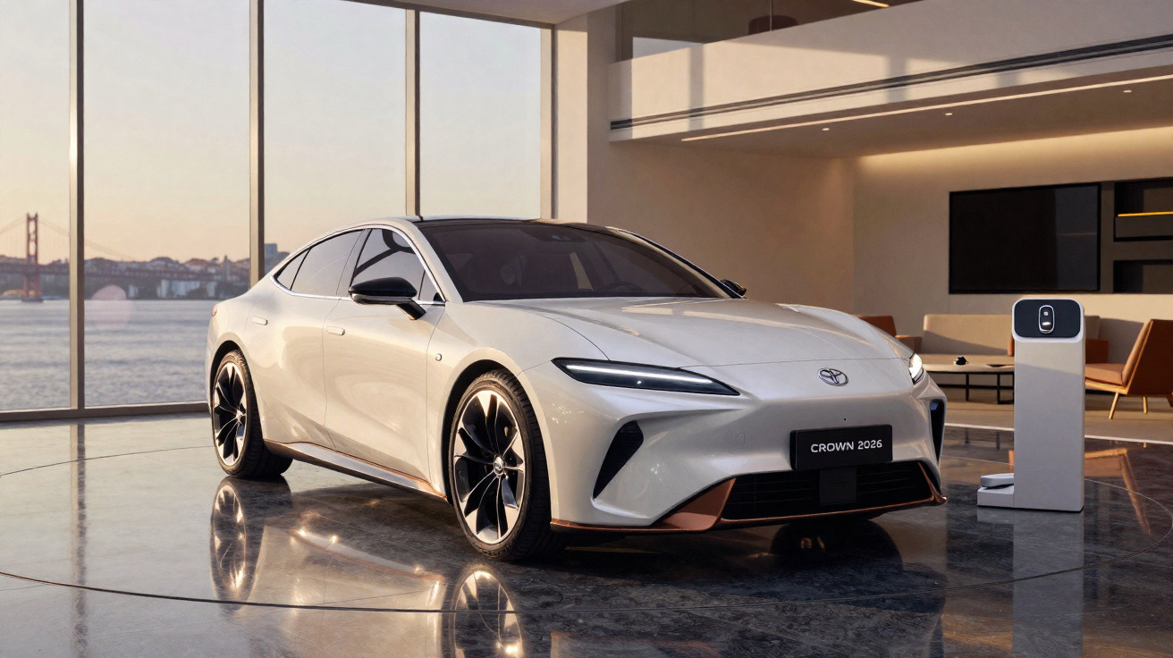 White Toyota Crown 2026 electric car displayed inside modern showroom with large windows and city view.