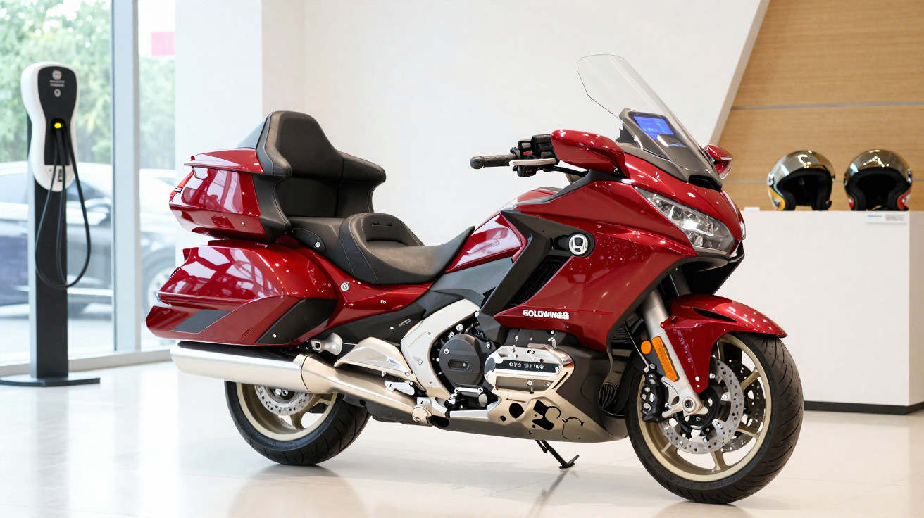 Red touring motorcycle with large comfortable seat and windscreen displayed indoors near a charging station and helmets.