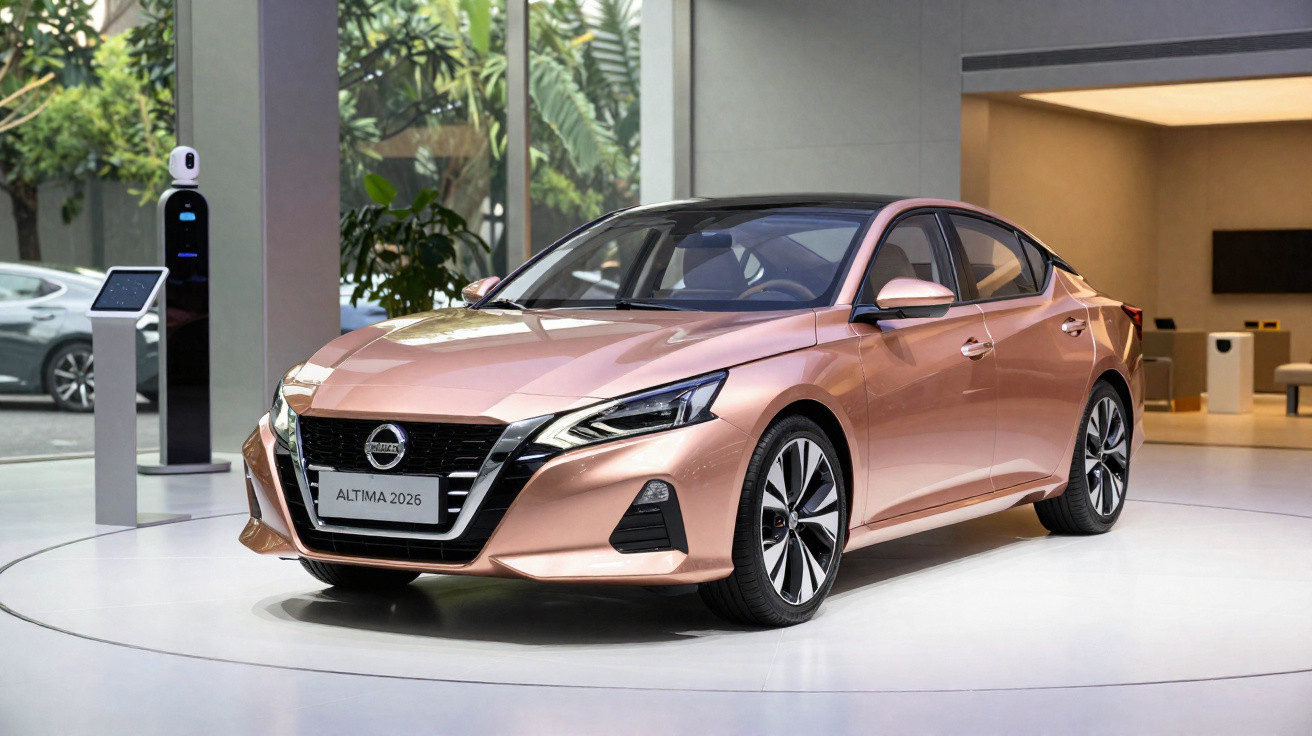 Rose gold Nissan Altima 2026 sedan displayed indoors with large glass windows and modern decor.