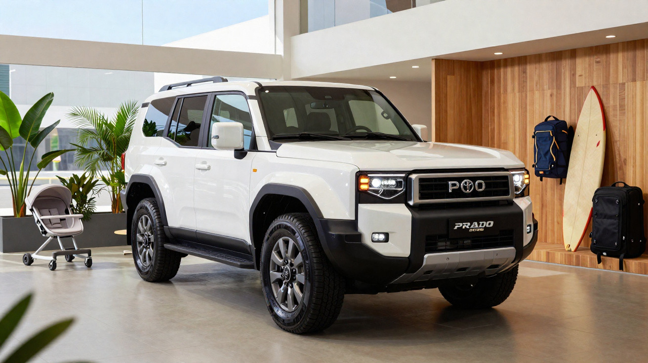 White Toyota Prado SUV parked indoors with surfboard, luggage, plants, and office chair in the background.