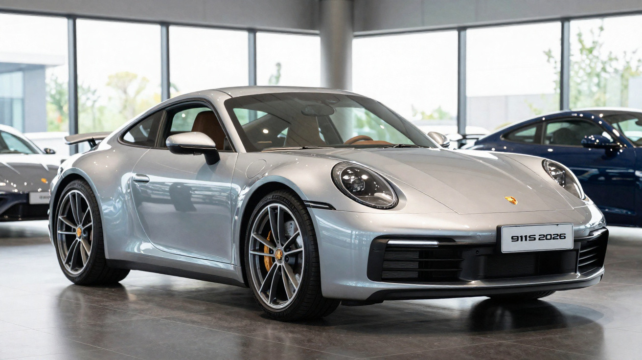 Silver Porsche 911 Carrera 2026 model displayed in a showroom with large windows and other cars in the background.