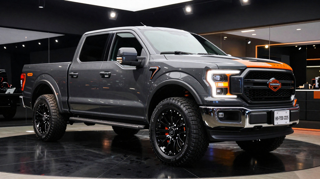 Grey Ford F-150 pickup truck with black and orange detailing on display indoors under spotlights.