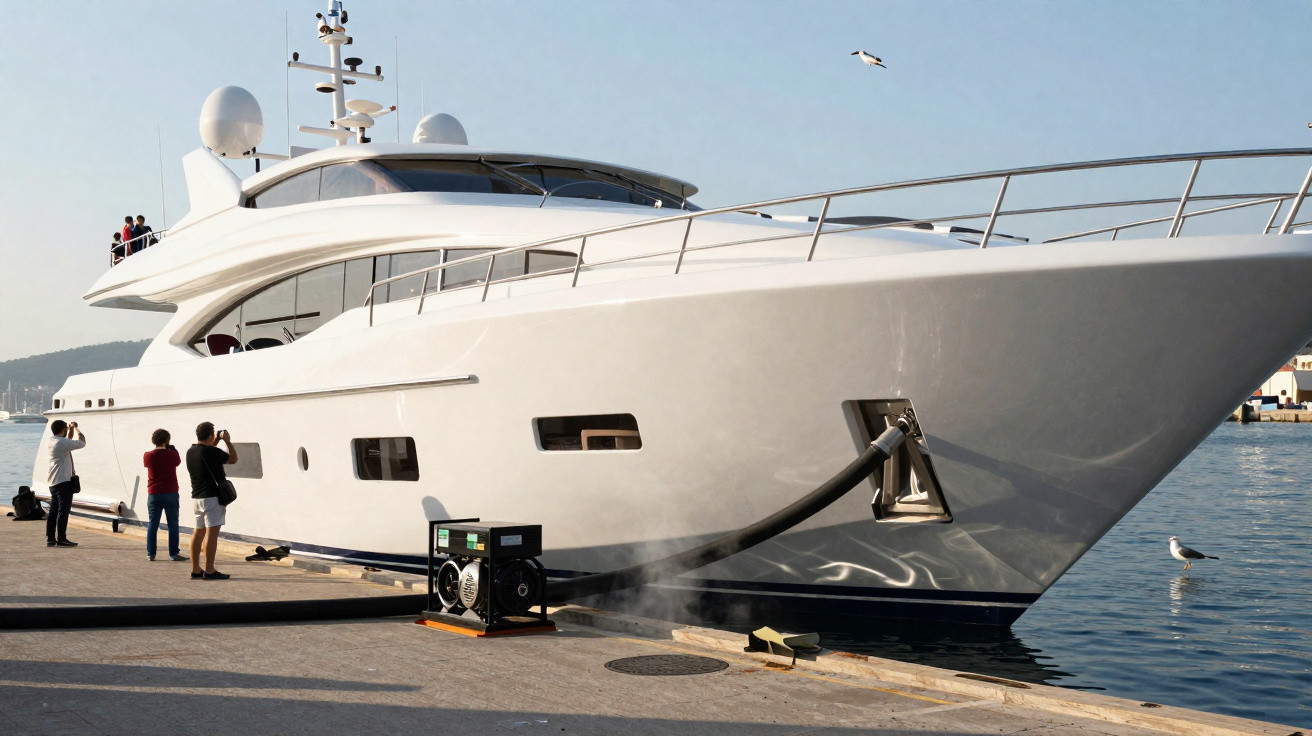 Large white luxury yacht moored at a dock with people photographing it and seagulls nearby.