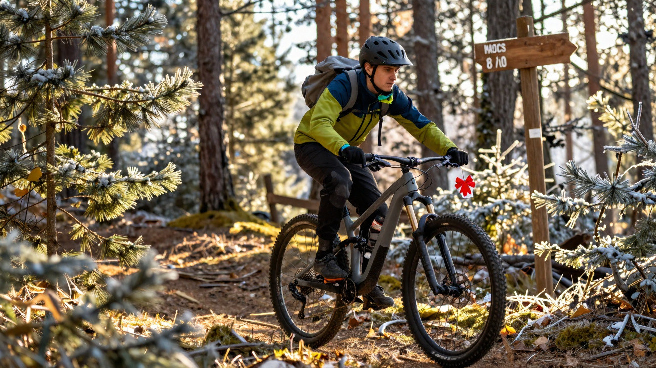 Man wearing helmet and backpack mountain biking on a forest trail with sunlit trees and a wooden signpost nearby