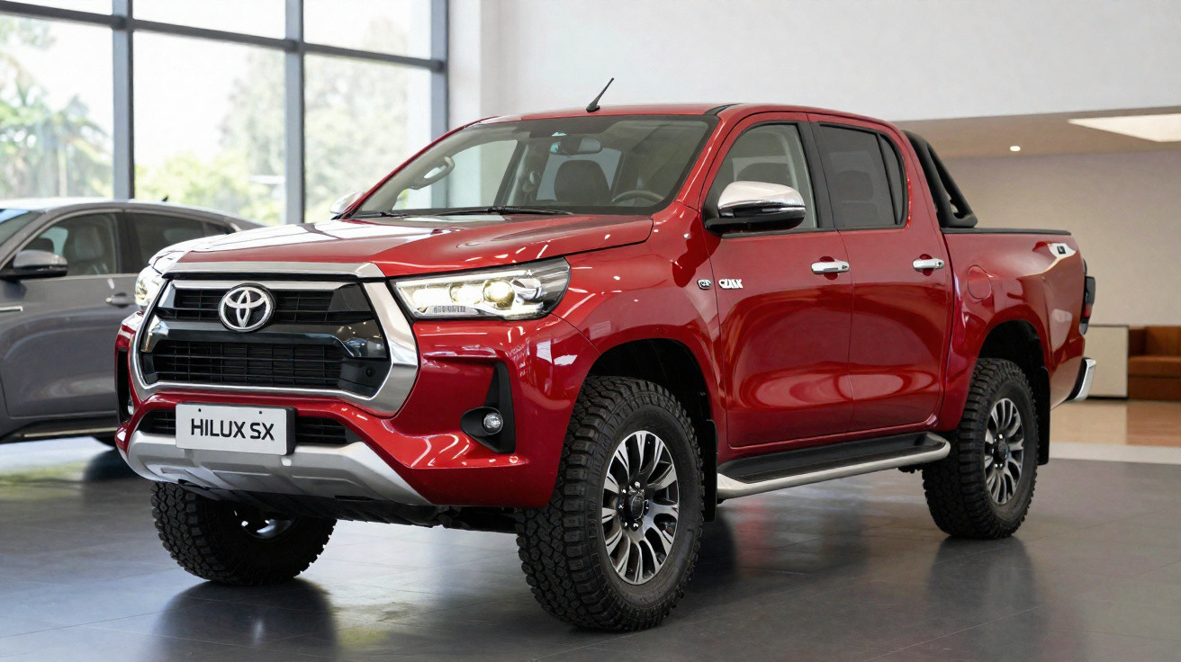 Red Toyota Hilux SX pickup truck displayed indoors with black off-road tyres and chrome detailing.