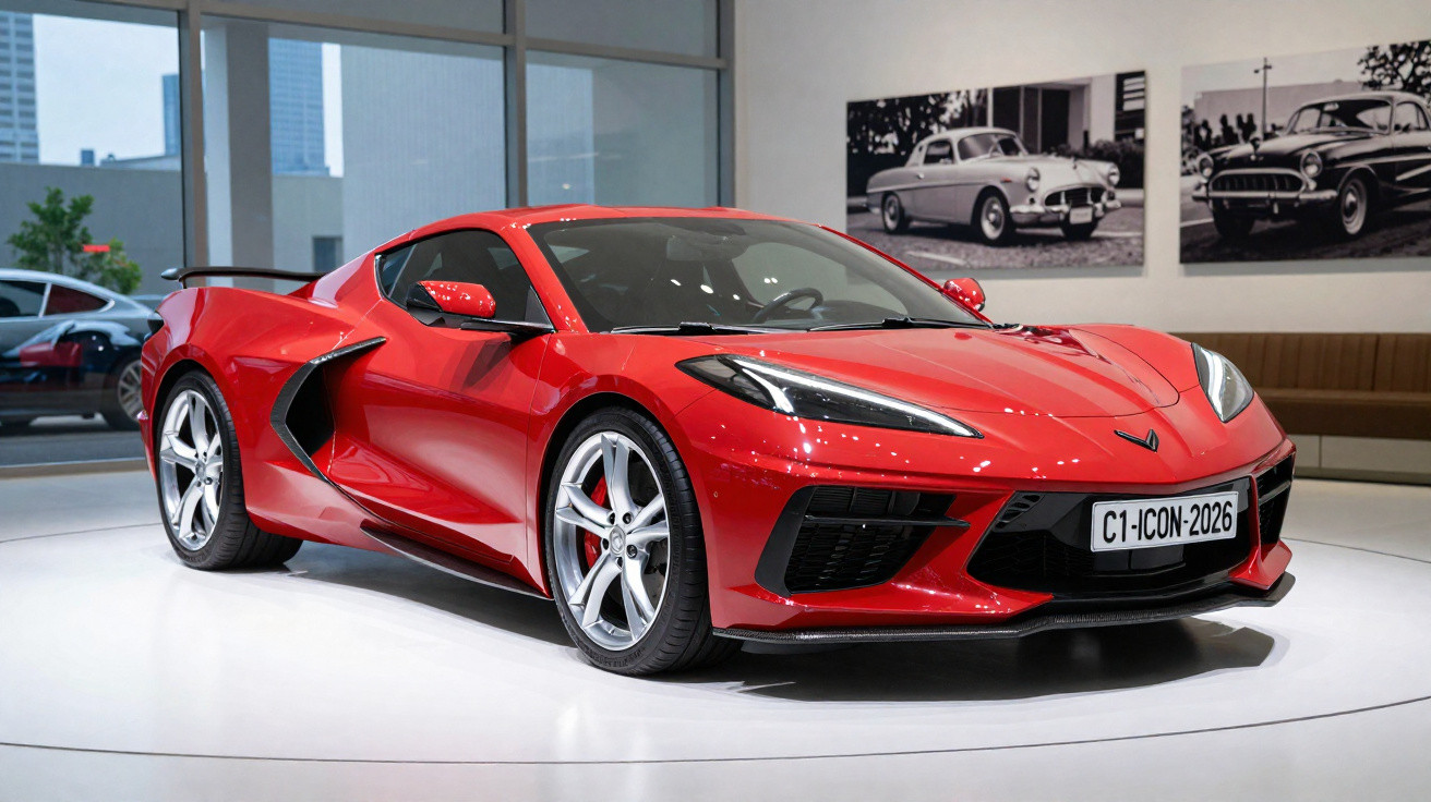 Red sports car displayed in a showroom with black side vents and silver alloy wheels.