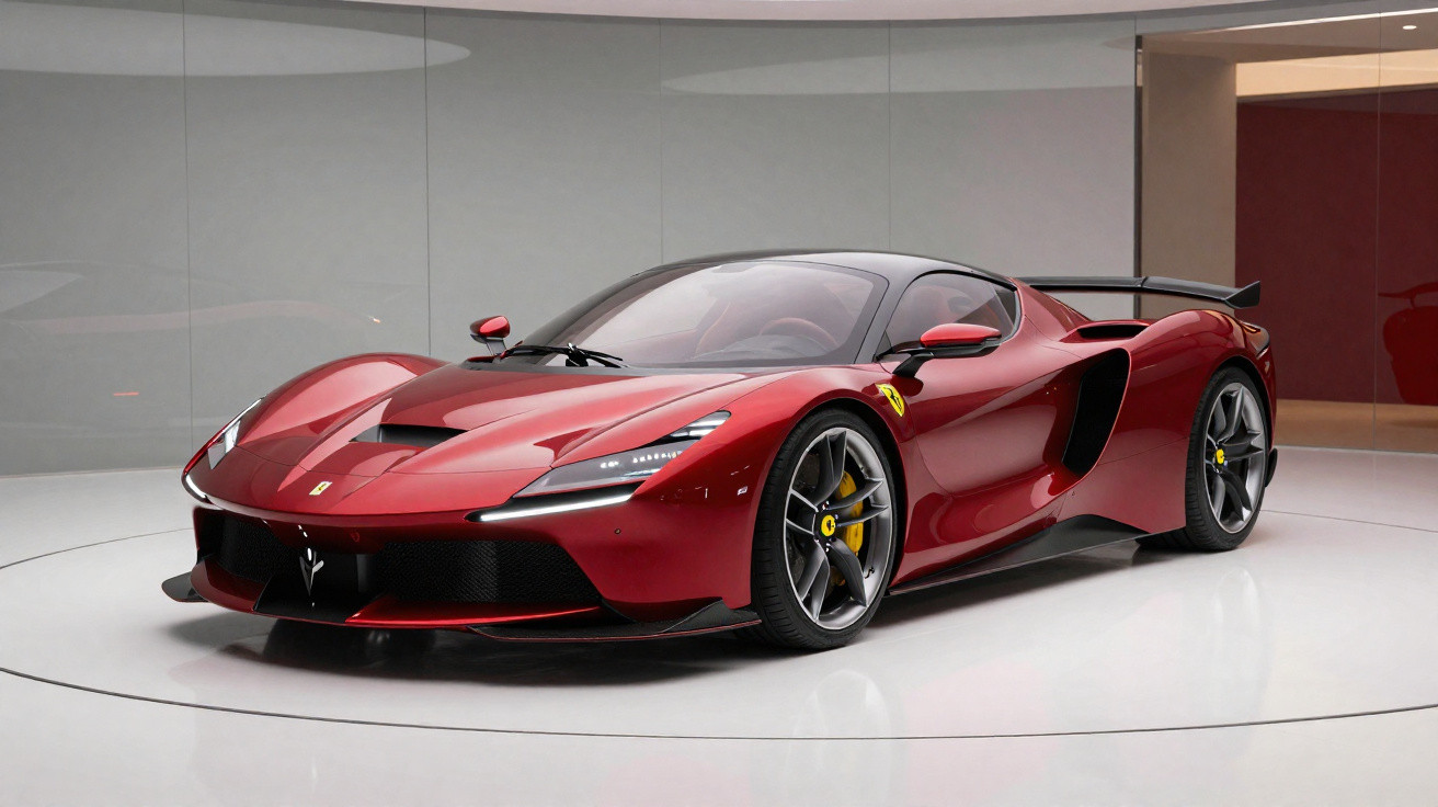Sleek red Ferrari sports car with black roof and aerodynamic design displayed in a modern showroom.