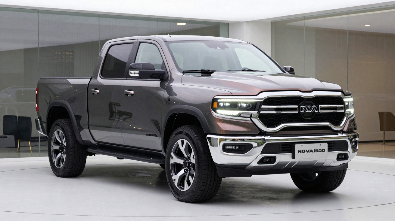 Grey RAM Nova 1500 crew cab pickup truck parked indoors on a white floor with glass walls behind.