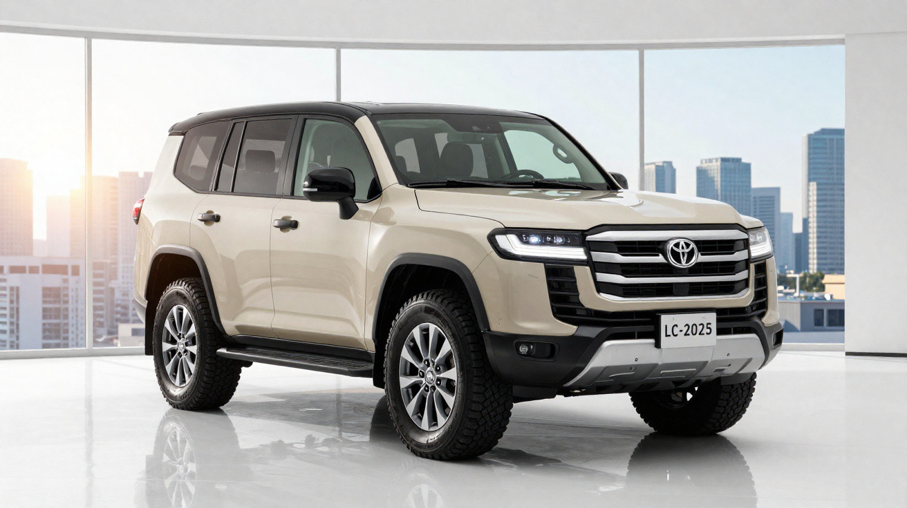 Beige Toyota Land Cruiser 2025 model SUV displayed in a bright showroom with city skyline background.