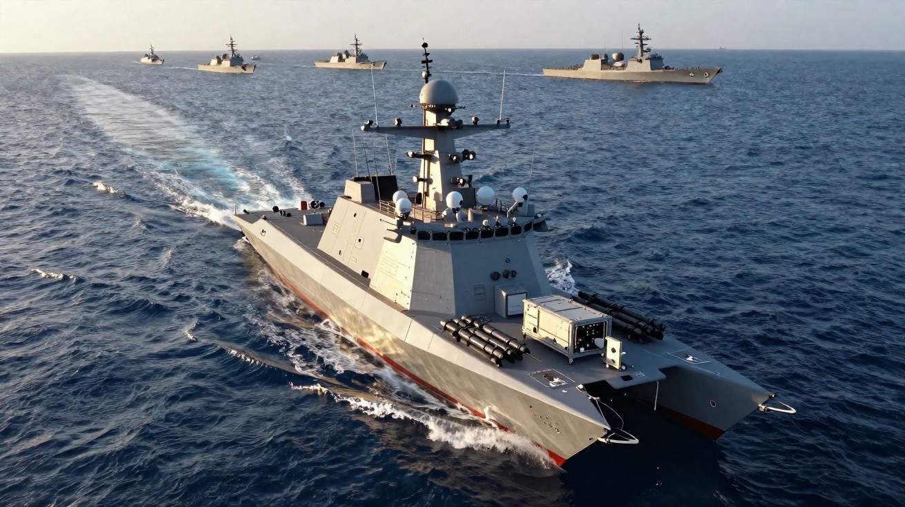A naval fleet with five modern warships sailing on a calm sea under a clear sky.