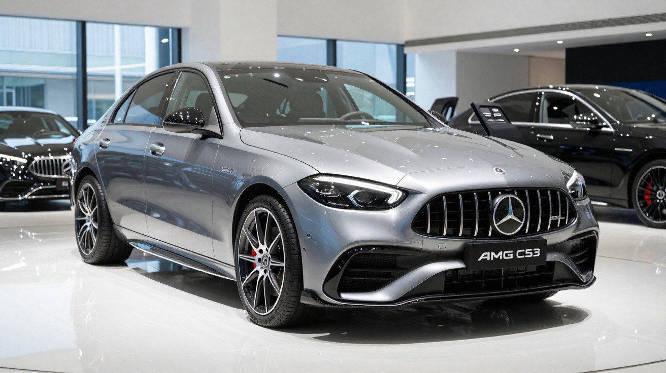 Silver Mercedes-Benz AMG C53 sedan displayed indoors with sleek design and black grille on polished floor