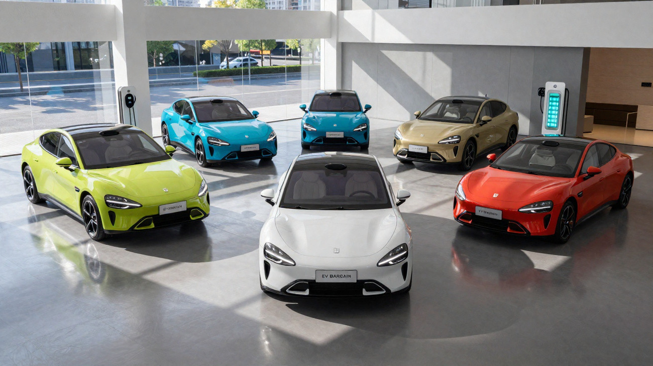 Six modern electric cars in various colours displayed in a bright showroom with charging stations.