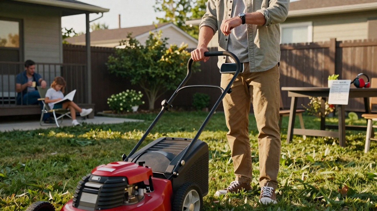 Person mowing lawn in backyard with family sitting on porch in the background on a sunny day.