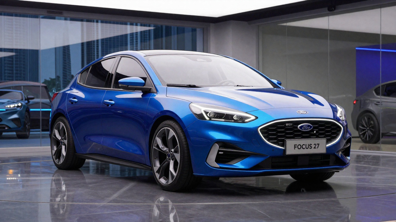 Blue Ford Focus 27 hatchback parked indoors with sleek design and tinted windows on a reflective floor.