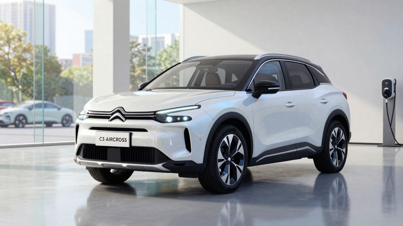 White Citroën C5 Aircross SUV parked indoors near a wall charging station with cityscape in background.