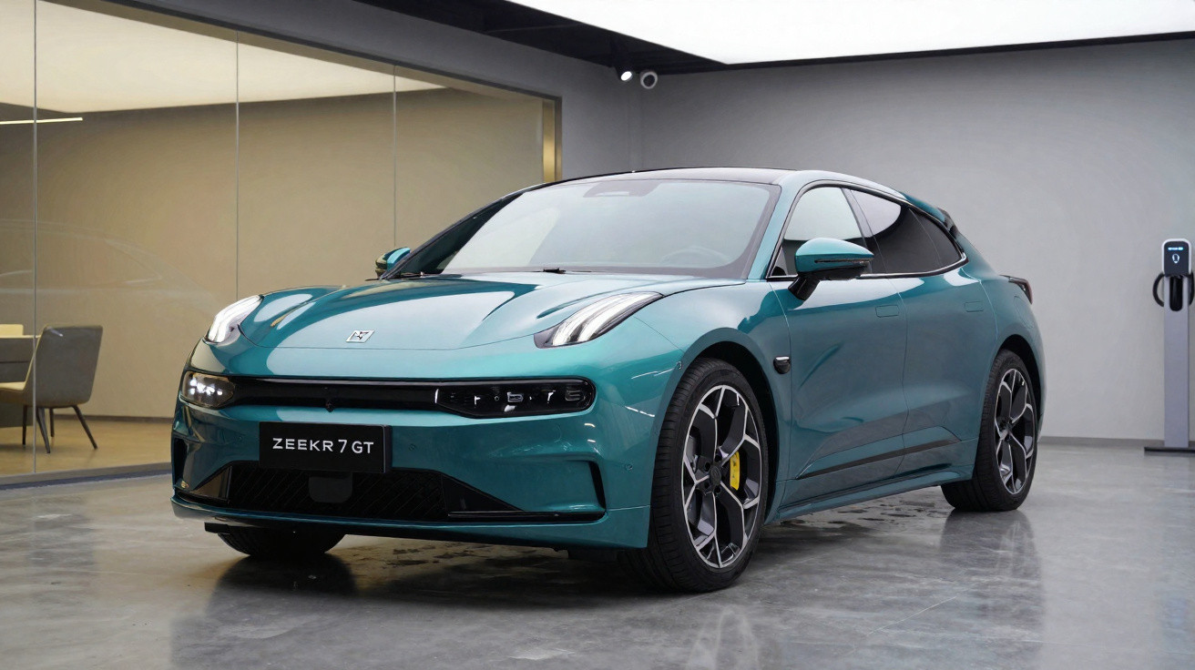Green Zeekr 7 GT electric car parked indoors next to a charging station and glass-walled office room.