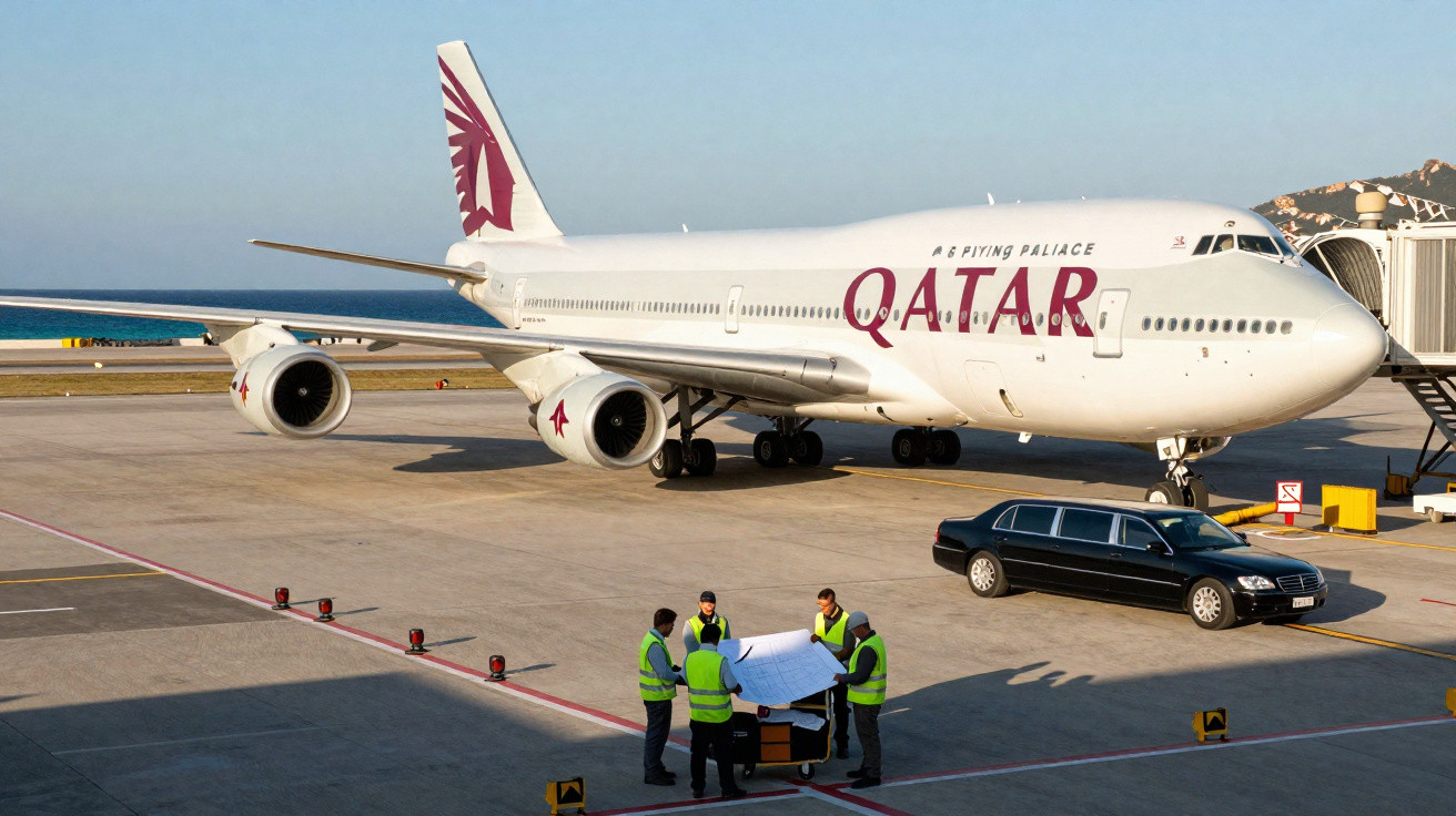 Qatar Airways airplane parked on tarmac with four ground crew in yellow vests and a black limo nearby.