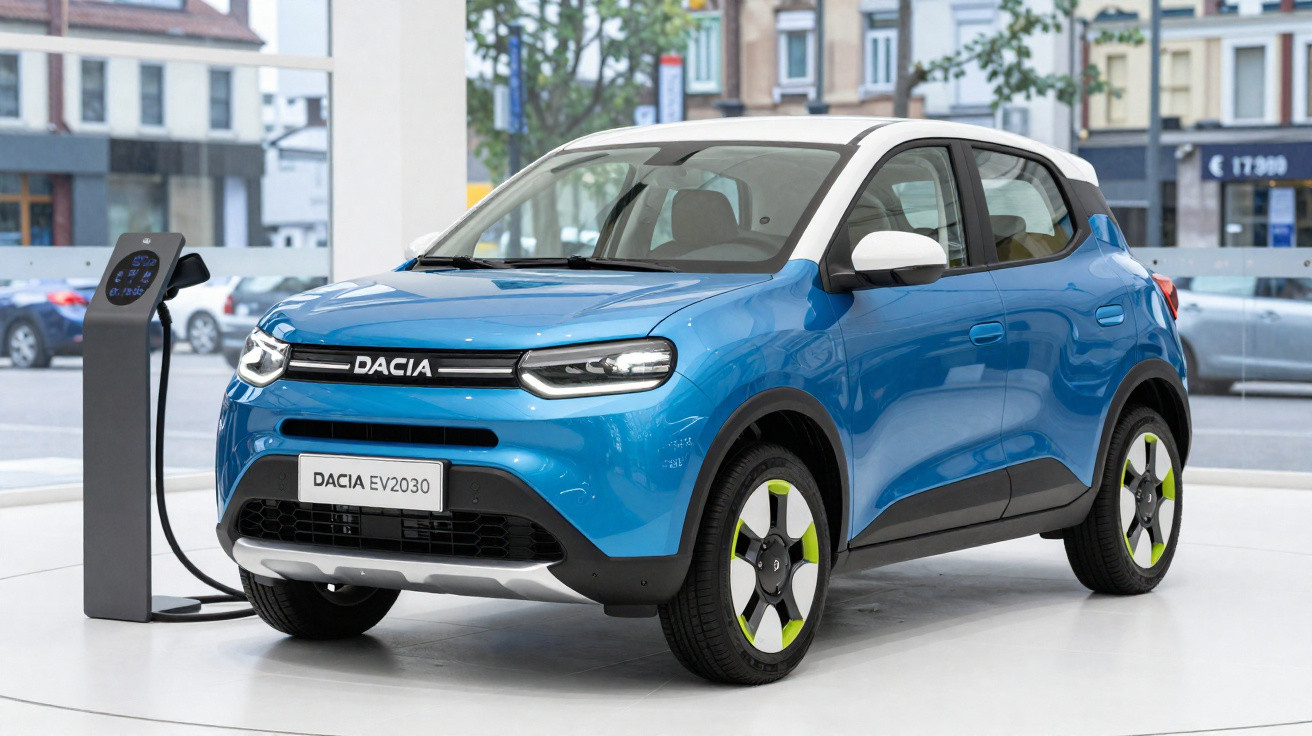 Blue and white Dacia EV2030 electric car charging at a public station in an urban environment.
