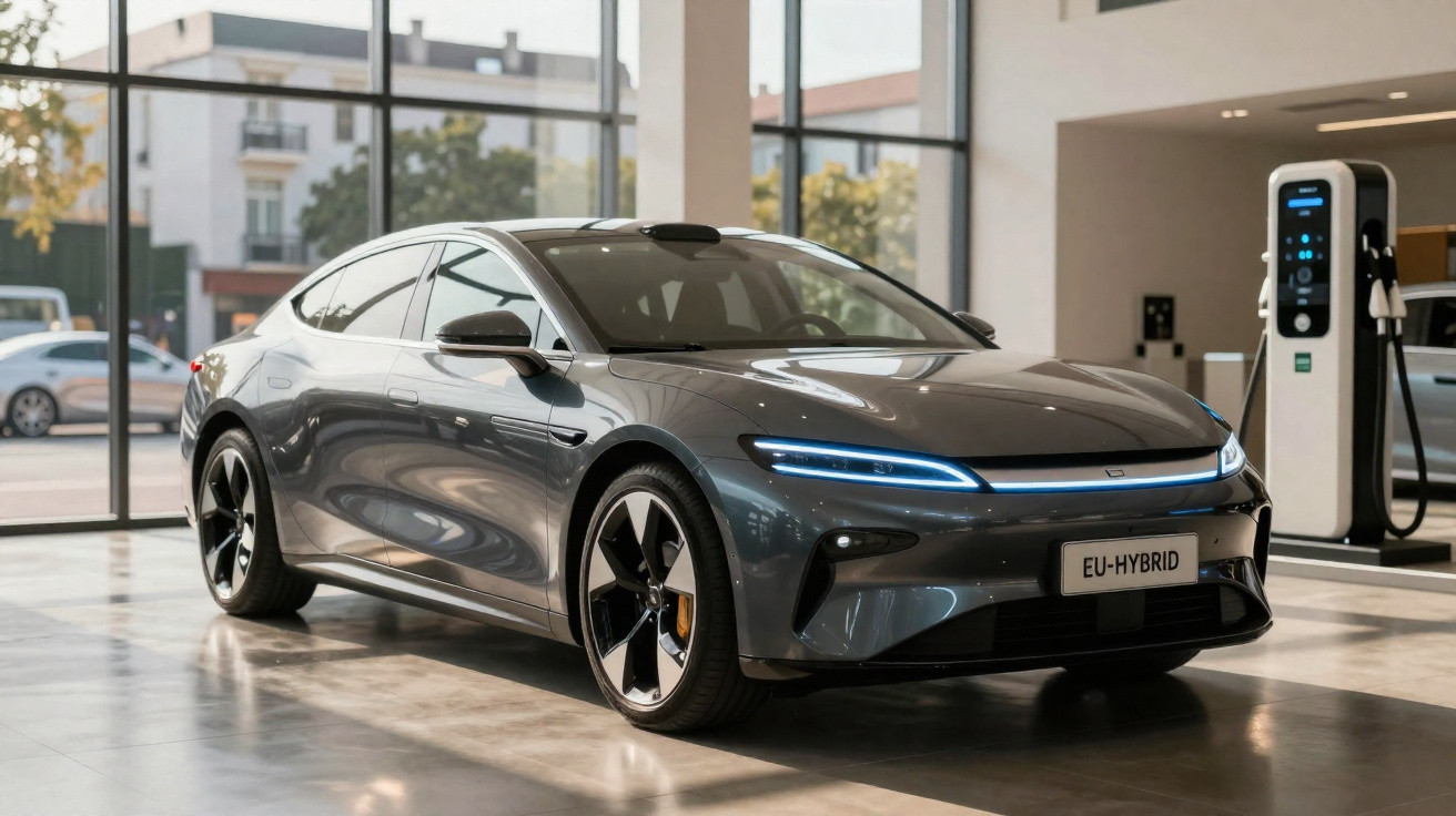 Sleek grey hybrid electric car displayed indoors near a charging station with modern cityscape visible outside.