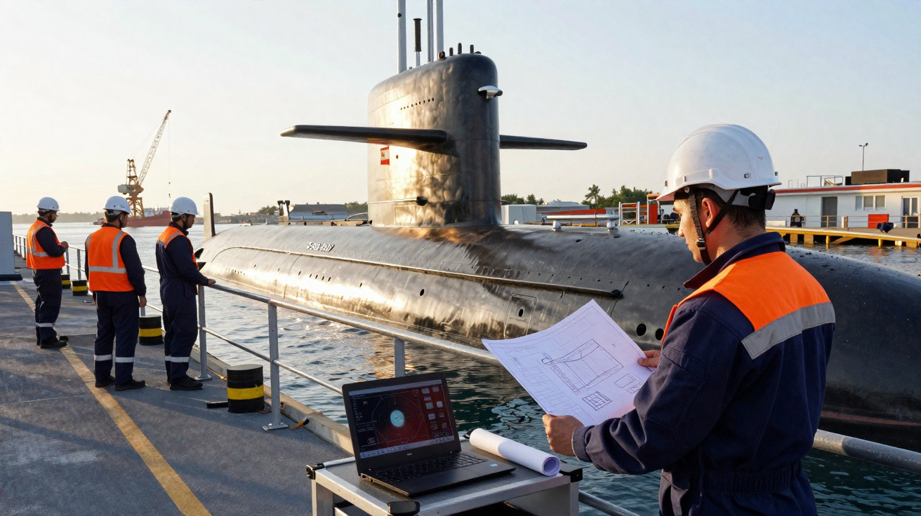 Workers in helmets and orange vests inspecting a submarine docked at a pier during daylight.